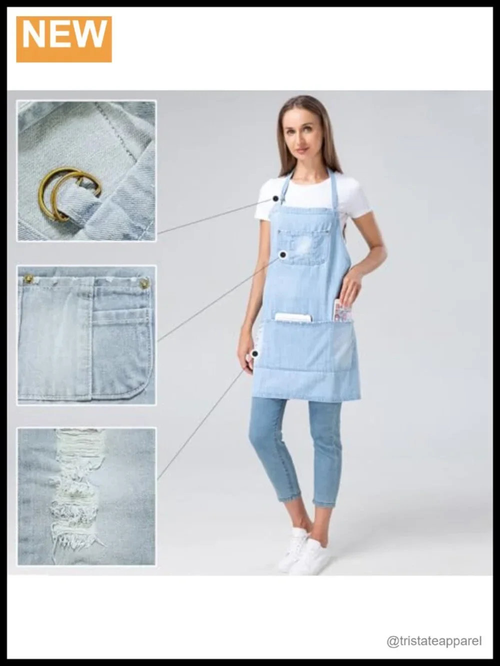 Cotton Denim Bib Apron with 5 Pockets for Cooking, BBQ, Workshop